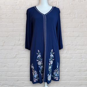Women’s Blue Rain Embroidered Floral Boho Long Sleeve Dress. Size Medium